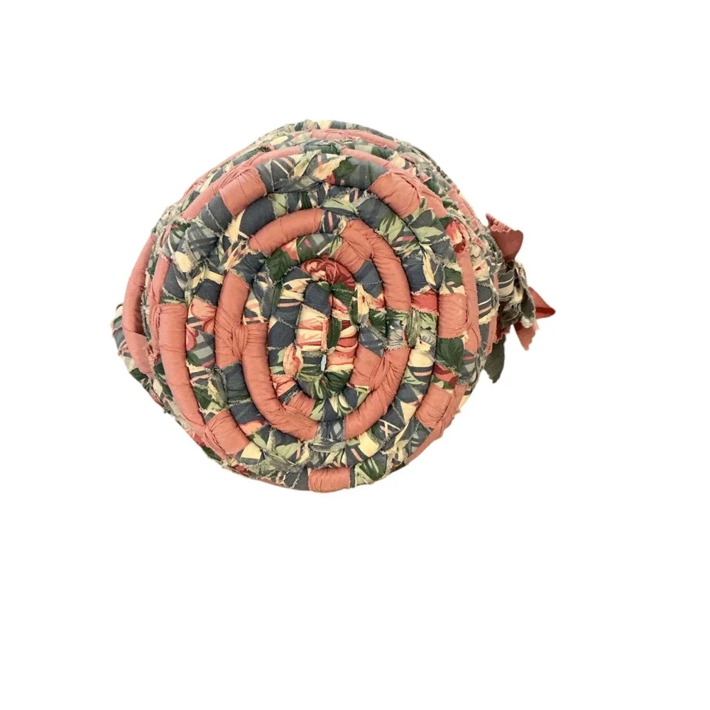 Handmade Coiled Fabric Rope Basket Pink Floral Cottagecore Decor with Bow Handle